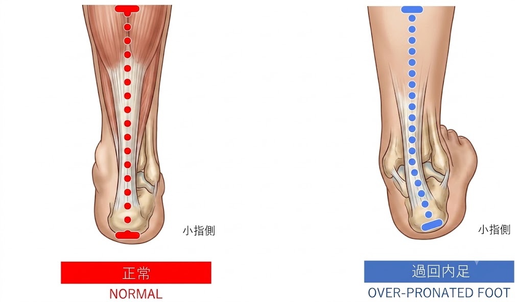 過剰回内で足の骨が広がる図